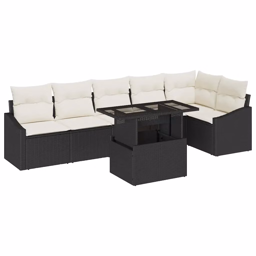 Set Divano da Giardino vidaXL 7 Pezzi in Polyrattan con Tavolino e Cuscini, Colore Nero e Beige – 2