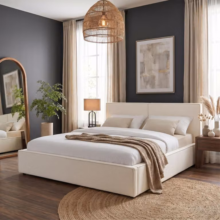 Letto imbottito CALM imbottito 180x200cm, bianco crema - letto matrimoniale moderno in look lino con rete a doghe, giroletto imbottito con testiera