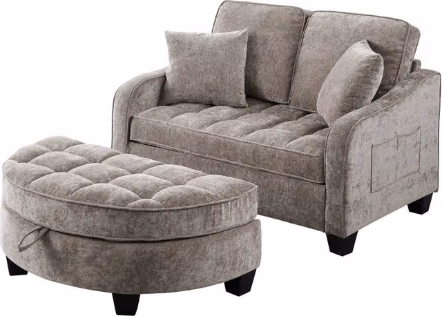 Divano letto convertibile 2-in-1 Chicfurn con pouf contenitore in tessuto traspirante e legno di eucalipto, marrone, L: 132 cm, P: 129 cm, H: 93 cm
