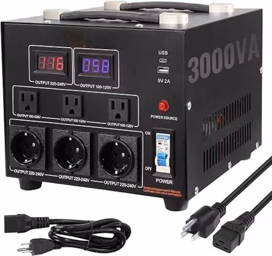 Trasformatore di alimentazione AC 110V-220V da 3000W con 3 prese 5-15R, 3 prese Schuko, 1 porta USB e 1 porta USB-C, Nero
