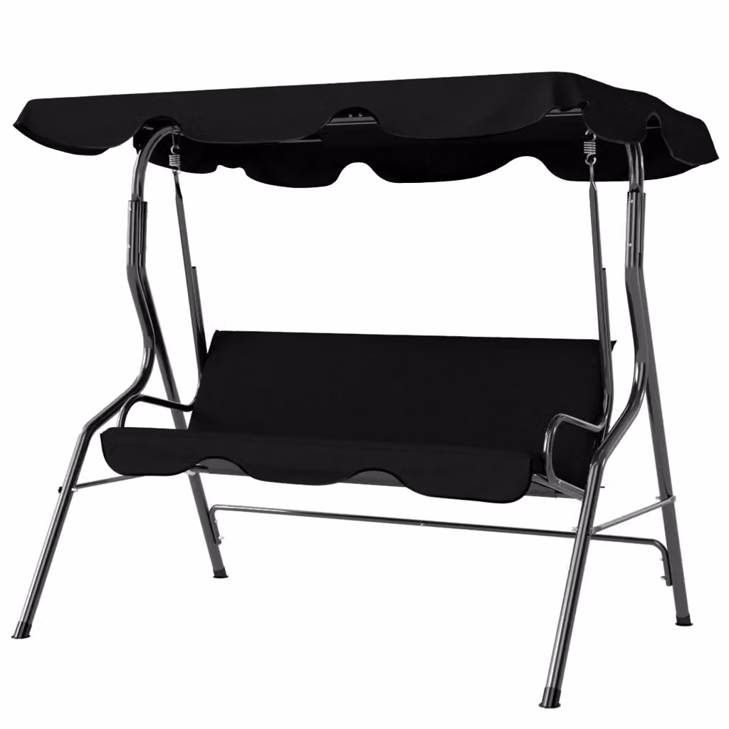 Dondolo da giardino per 3 adulti con tettuccio regolabile e cuscini inclusi, in acciaio verniciato a polvere e poliestere resistente ai raggi UV, Nero, L: 170 cm, P: 110 cm, H: 153 cm – 2