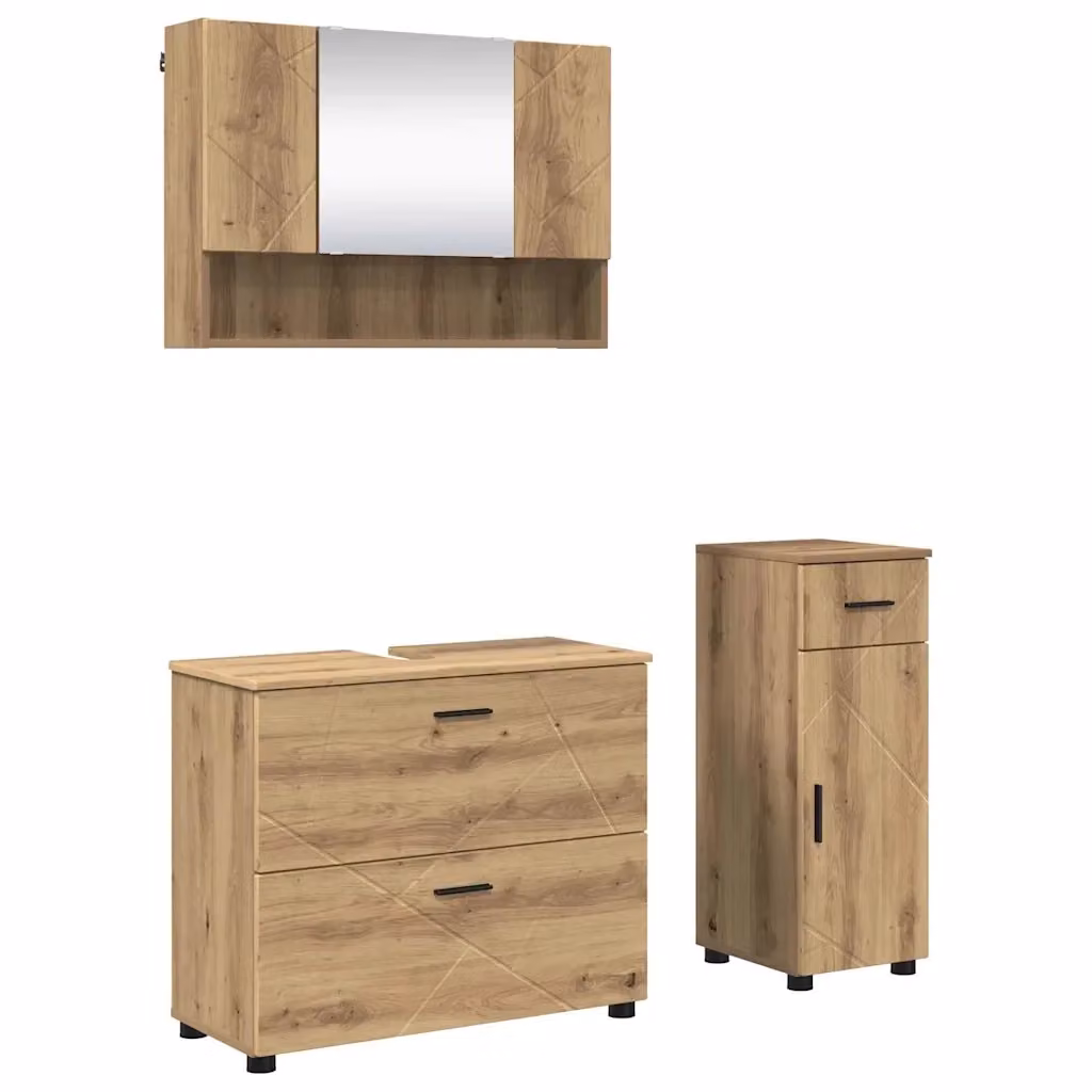 Set di mobili per il bagno moderno vidaXL in 3 pezzi color rovere e nero con mobile lavabo, armadietto con specchio e mobile laterale – 2