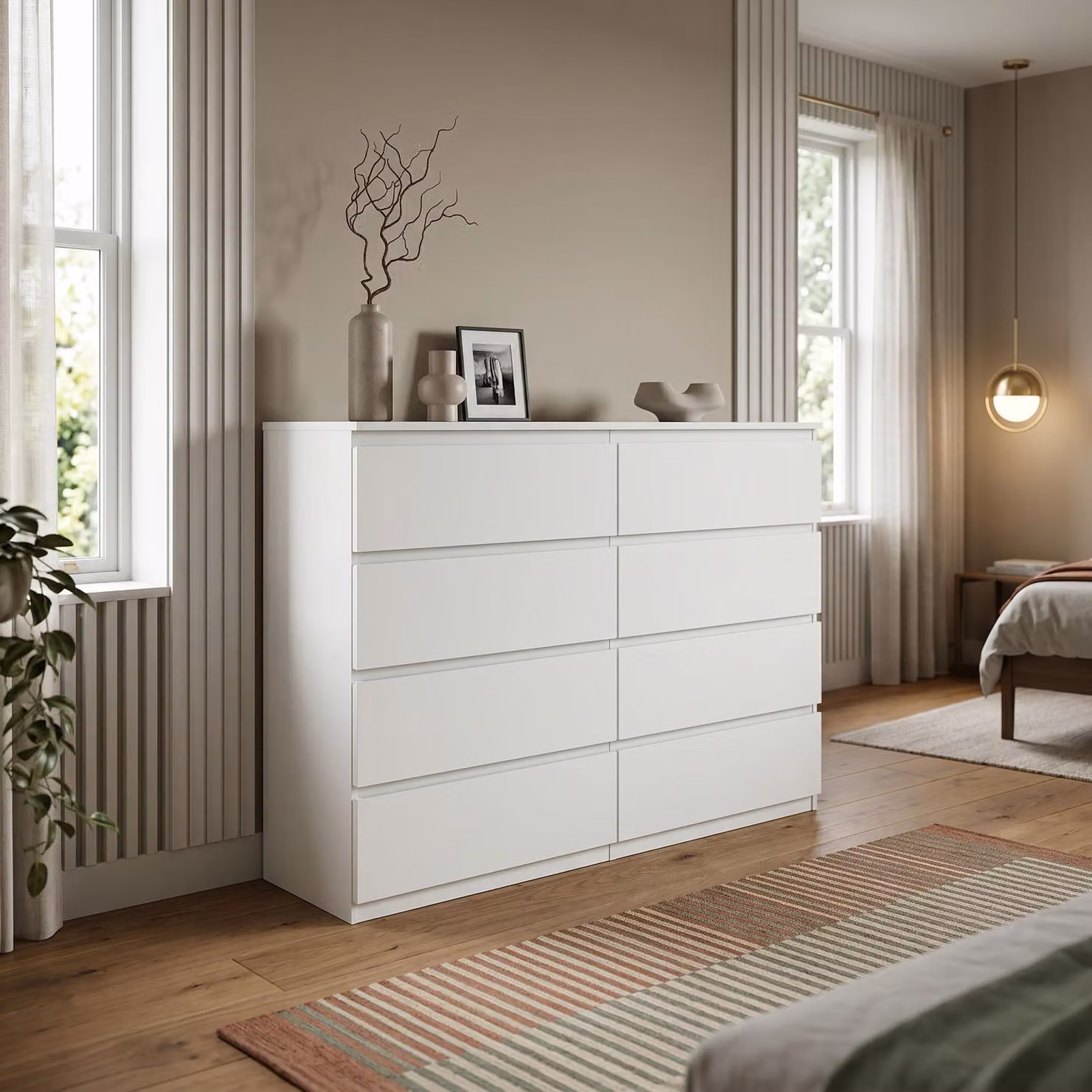Comò Masseno NUDO da 138,5 cm con 8 cassetti e ante, per soggiorno e camera da letto, stile moderno, 138,5 x 39 x 101,5 cm, bianco / bianco