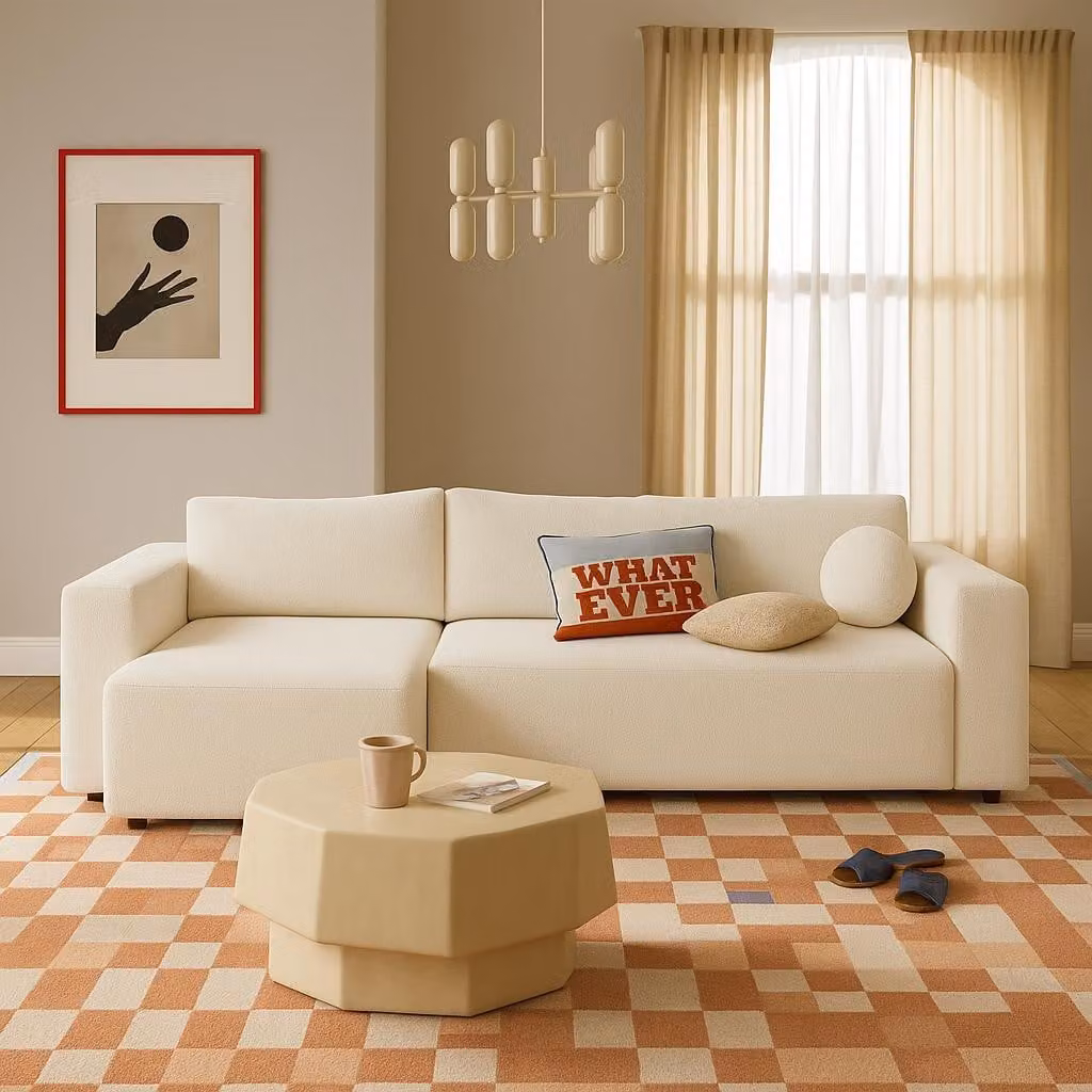 Il divano angolare Sofello Pearl, rivestito in bouclé, combina un design elegante con la funzionalità. Dotato di un comodo sistema letto e di un ampio contenitore a cassero, include in omaggio dei cuscini decorativi. La superficie di riposo è di 191–200 c