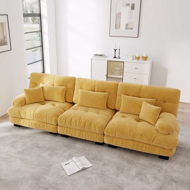 Divano angolare modulare a 3 posti con seduta profonda e cuscini in chenille gialla 313.0 × 77.0 × 81.0 cm