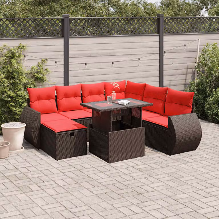 Set Divani da Giardino vidaXL 8 pz in Polyrattan Marrone con Cuscini e Tavolino da Esterno