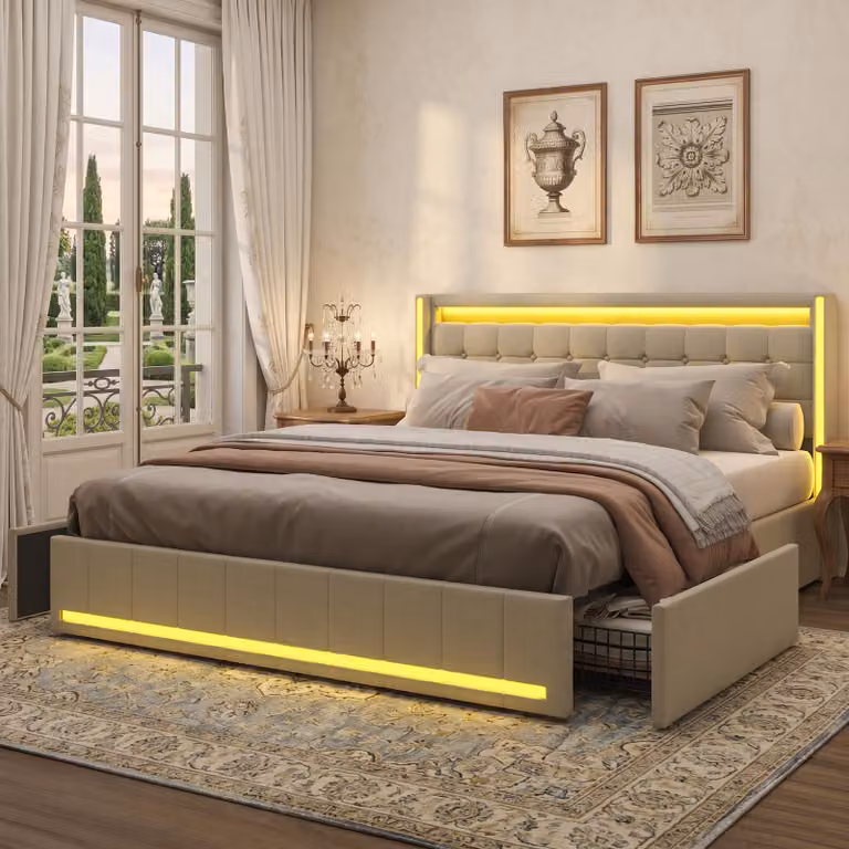 Letto matrimoniale INONEFT 180x200 con spazio contenitore, imbottito con illuminazione LED, dotato di prese USB e di tipo C, con 4 cassetti, rivestito in lino, colore beige