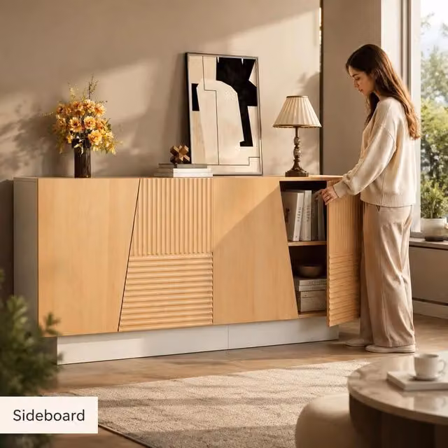 Madia contenitore con design geometrico scanalato a 4 ante, 2 scomparti separati con ripiani regolabili, in truciolare e MDF, 160x40,5x72 cm, bianco e naturale, capiente e moderna