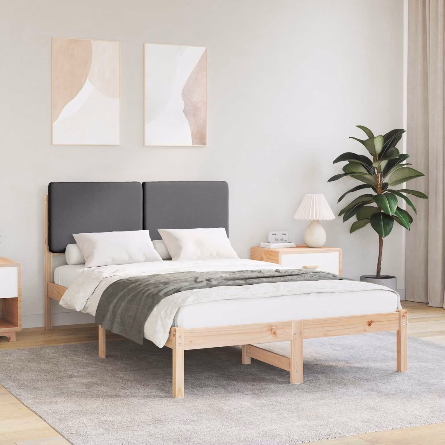 Letto con Testiera Rivestita vidaXL in Legno di Pino e Tessuto Grigio L: 140,5 cm, P: 195,5 cm, H: 84,5 cm – 1