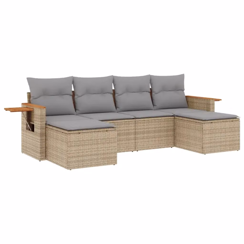 vidaXL Set Divano da Giardino a L composto da 6 pezzi in Polyrattan con Cuscini Beige e Struttura in Legno di Acacia – 2