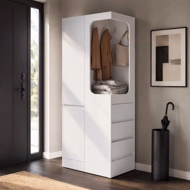 Armadio 70x40x170 cm bianco in legno, 4 cassetti e vano appendiabiti
