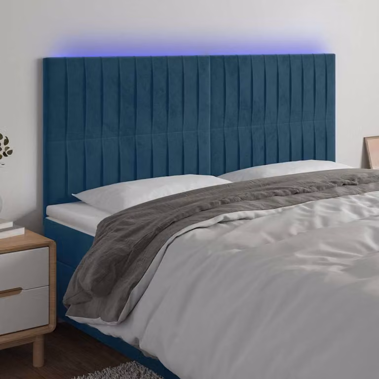 Testiera con LED e porta USB vidaXL in Velluto Blu, L: 200 cm, P: 5 cm, H: 118 cm