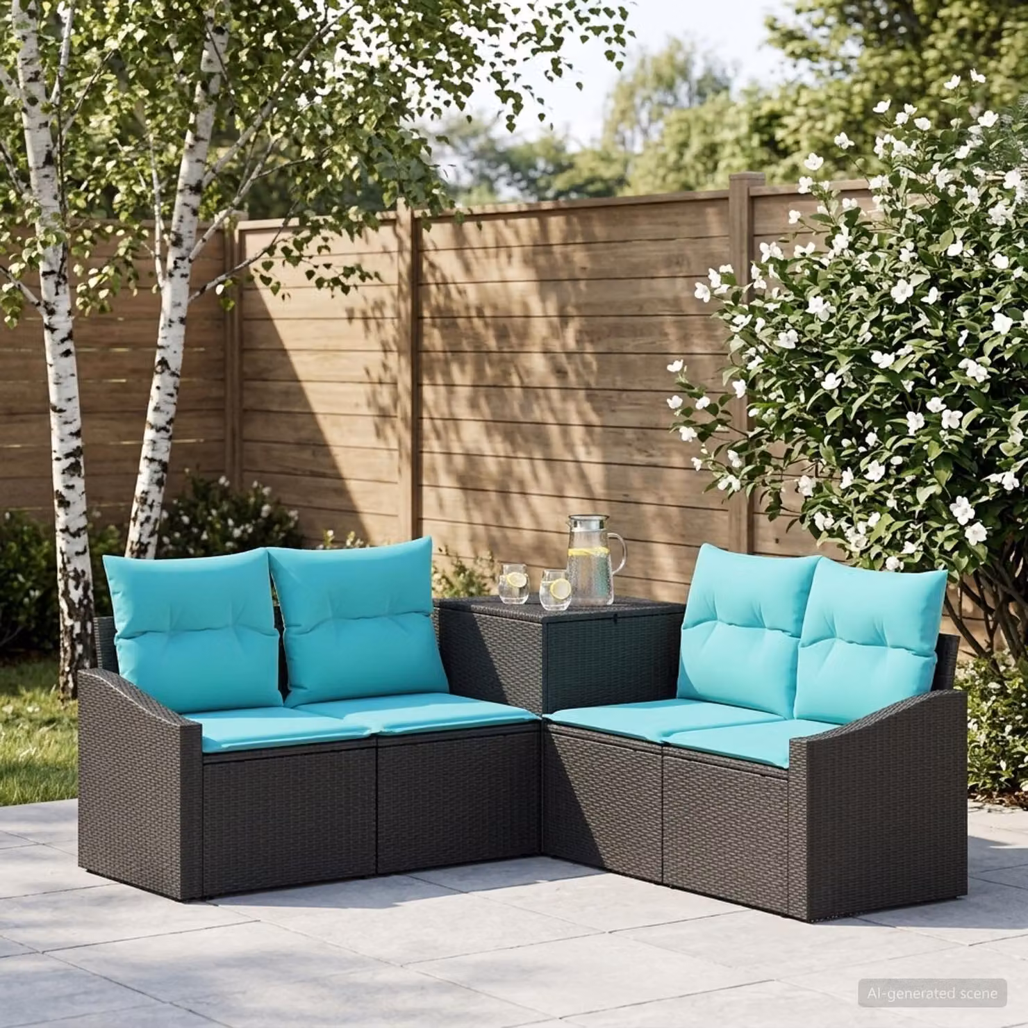 Set di divani da giardino vidaXL a forma di L con poltrona e cuscini, colore nero e blu, in polyrattan e metallo