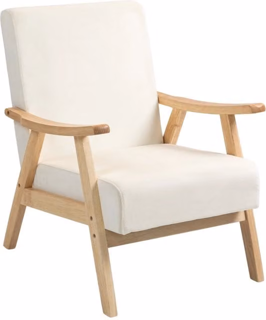 Poltrona imbottita in tessuto XYLO color beige con struttura in legno e braccioli