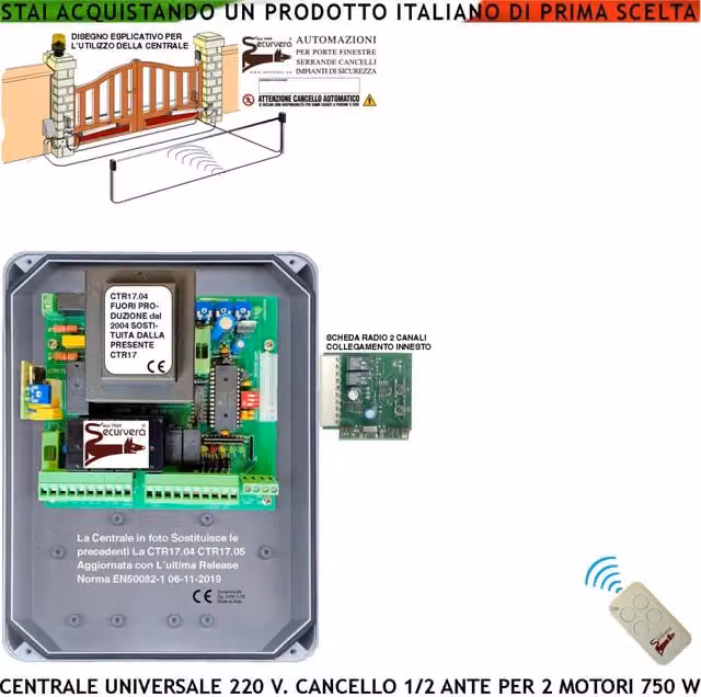 Centrale per cancello battente a 2 ante Securvera 220 V con scheda radio e radiocomando, colore grigio