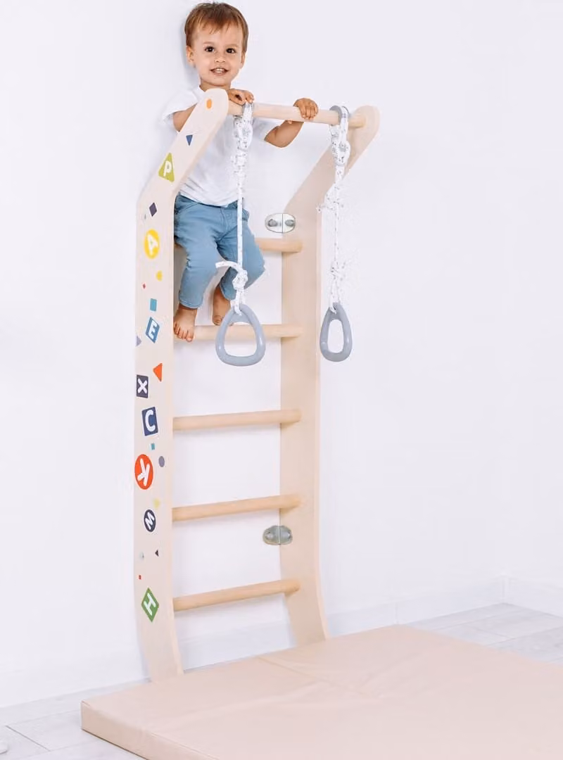 Parete di legno per bambini Mini colore e anelli ginnici | Parete di arrampicata per bambini al coperto