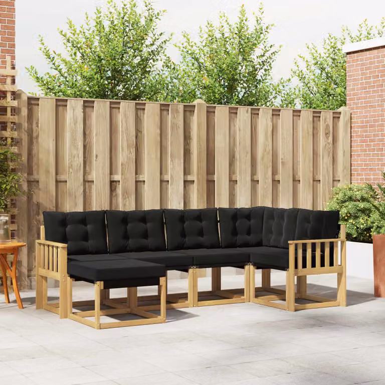 Set di divani da esterno vidaXL 6 pz in legno di acacia con cuscini bianchi e neri per giardino e terrazza