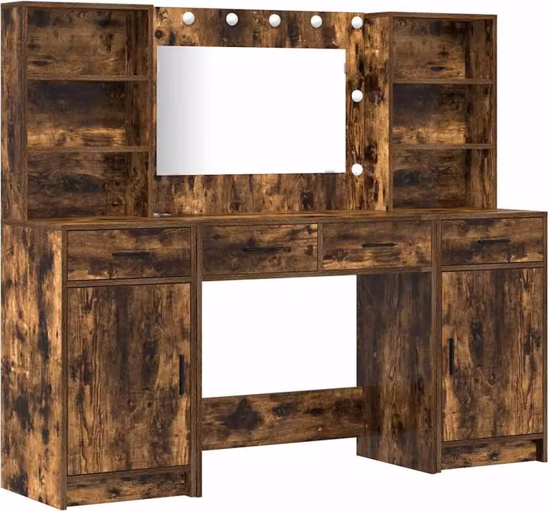 Set da tavolo da trucco con LED con cassetto 3 pcs Rovere fumé