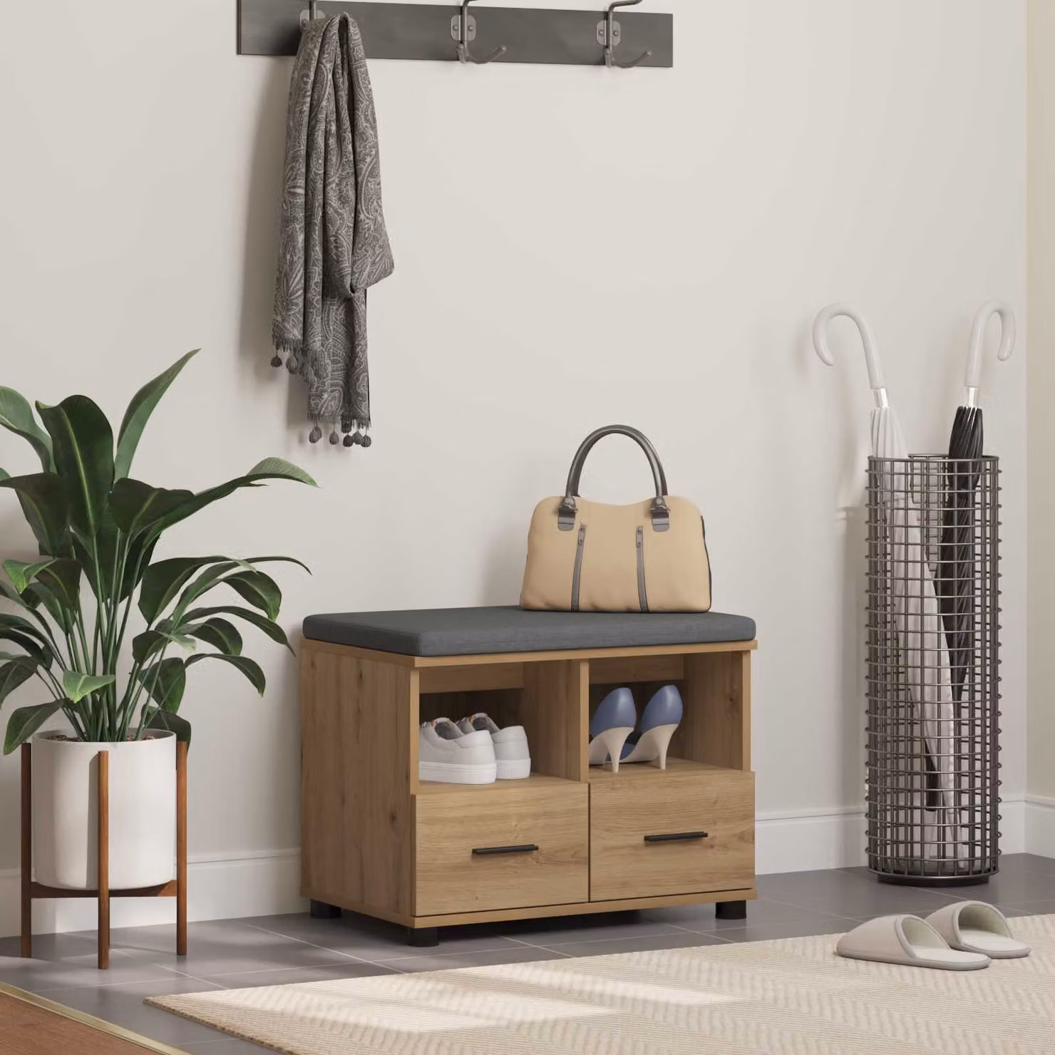 vidaXL Panca per ingresso con portascarpe moderna in legno color rovere marrone L: 60 cm, P: 38 cm, H: 46 cm