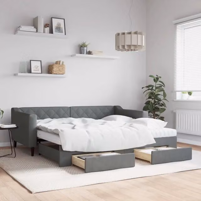 Divano Letto Estraibile con Cassetti vidaXL in Tessuto Grigio per Soggiorno e Camera da Letto L/P: 90 x 190 cm