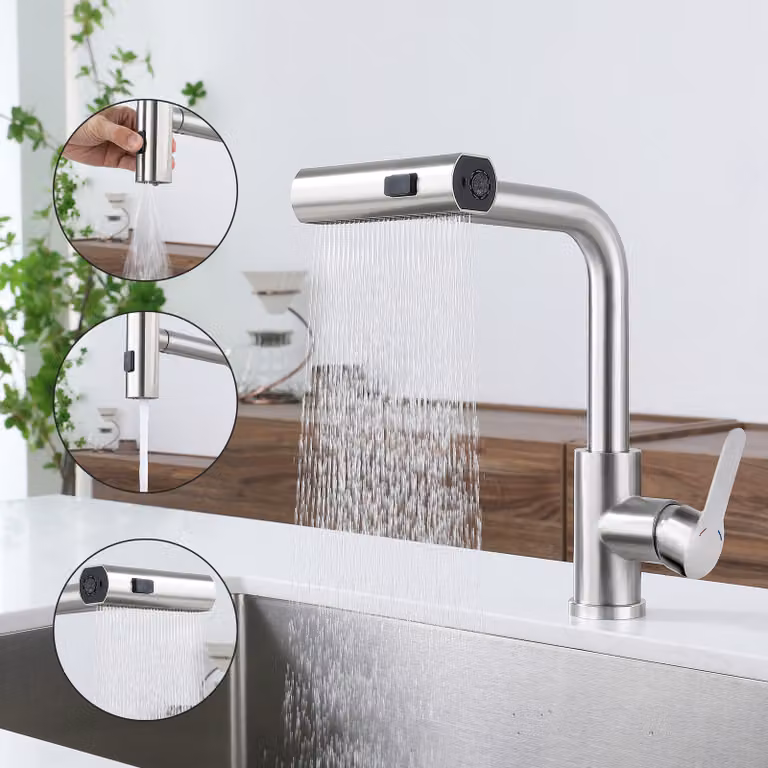 ZMH Rubinetto da cucina estraibile Rubinetto miscelatore da cucina a cascata con doccia Rubinetto per lavello Rubinetto ruotabile a 360° con 3 modalità di spruzzo Rubinetto da cucina per lavello in acciaio inox nichel spazzolato