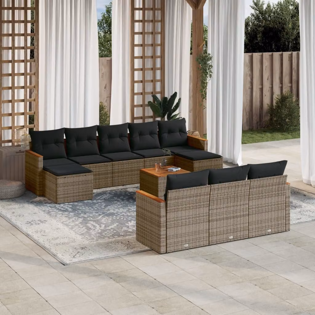 vidaXL Set Divani da Giardino 11 pz a Forma a U in Polyrattan Grigio con Cuscini e Tavolino – 1