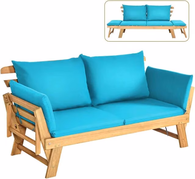 Divano Letto da Esterno a 2 Posti Costway in Legno di Acacia con Braccioli e Poggiatesta Regolabile e Cuscini, Chaise Longue Pieghevole Turchese per Giardino e Piscina
