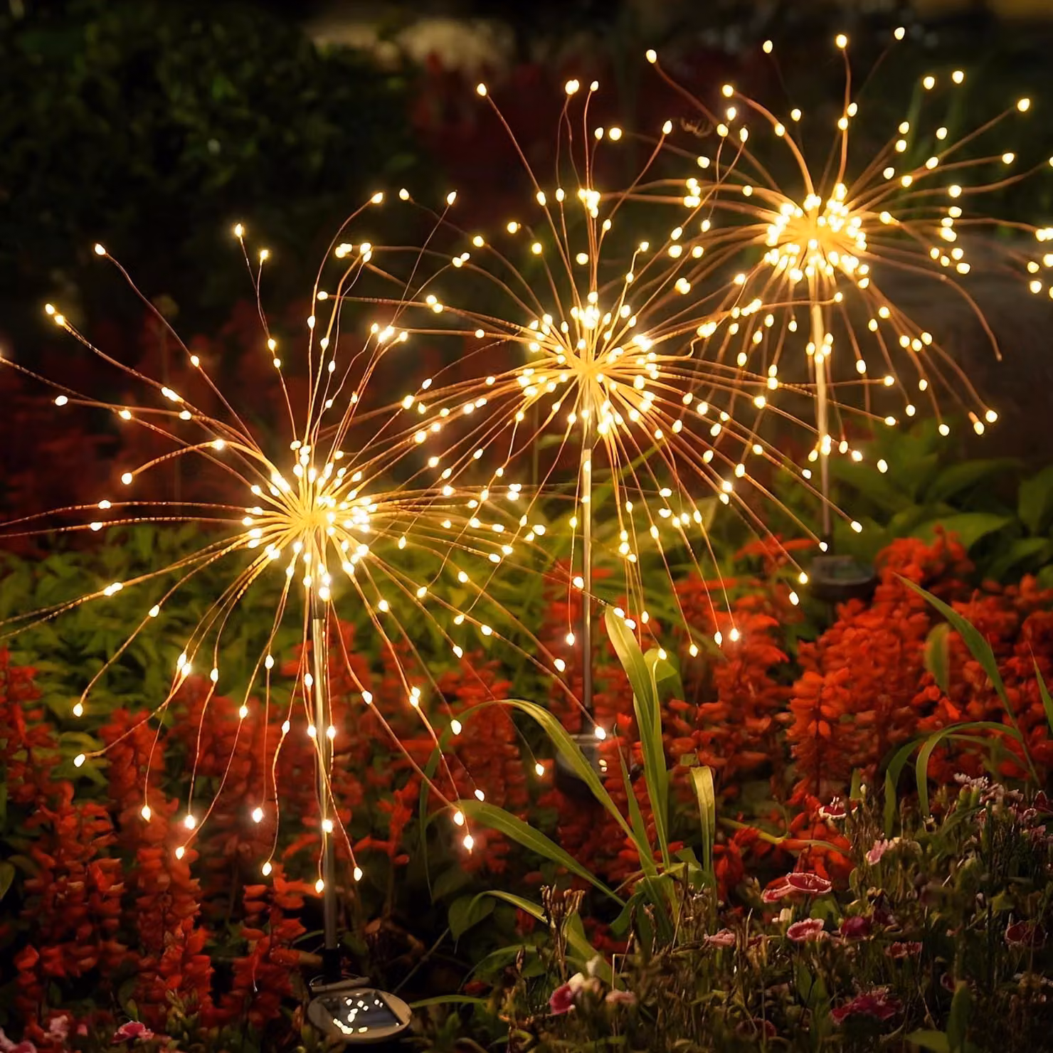 Set di 2 lanterne da giardino solari, 150 LED, design a tema fuochi d'artificio, 8 modalità, luce bianco caldo, 90 cm