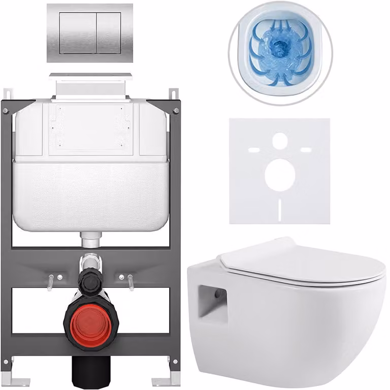 Set completo per WC sospeso Dure - bianco lucido - pulsante Prime/Maxio, argento - comando superiore - installazione a muro/con pannello di cartongesso - 51x35 cm