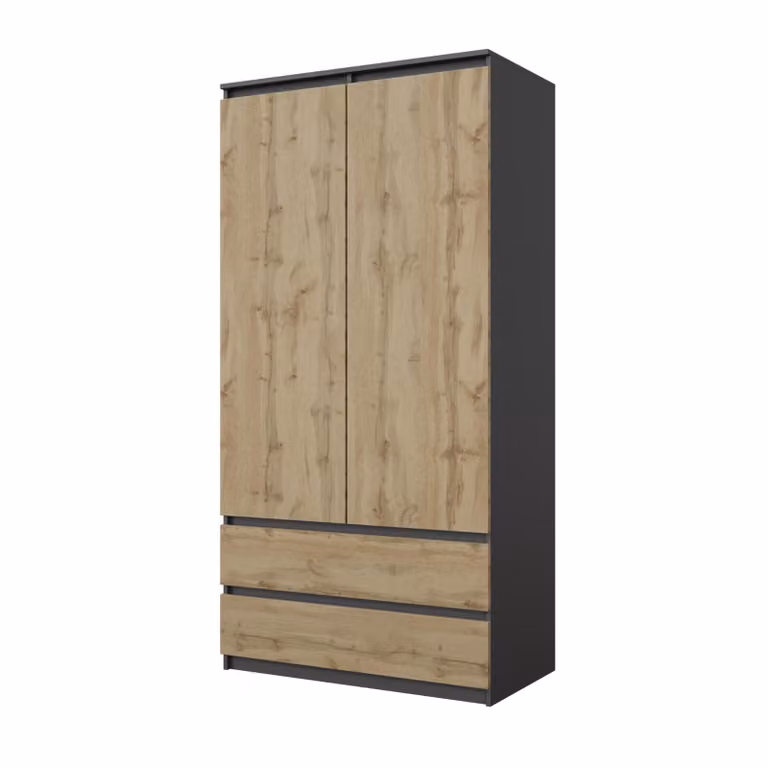 Armadio Antracite / Rovere Wotan – Armadio Camera da Letto 2 Ante con 2 Cassetti, Guardaroba L90 x H180 x P50 cm