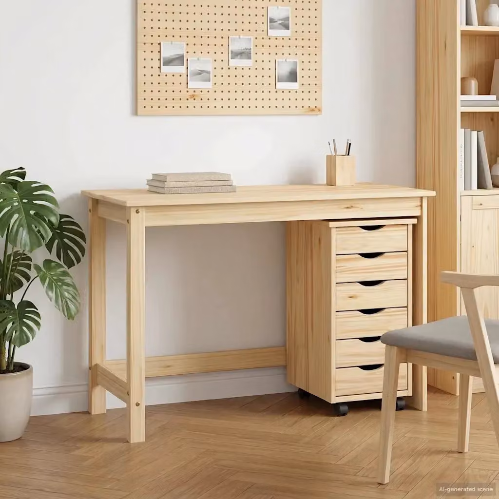Set Scrivania MOSS composta da Tavolo da Ufficio e Mobiletto su Ruote in Legno di Pino, Colore Marrone e Beige – 2