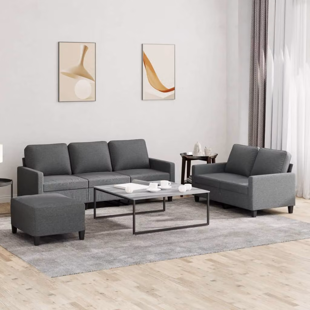 Set di divani vidaXL composto da un divano a 3 posti, un divano a 2 posti e un pouf, in tessuto grigio con cuscini inclusi per il tuo soggiorno – 1