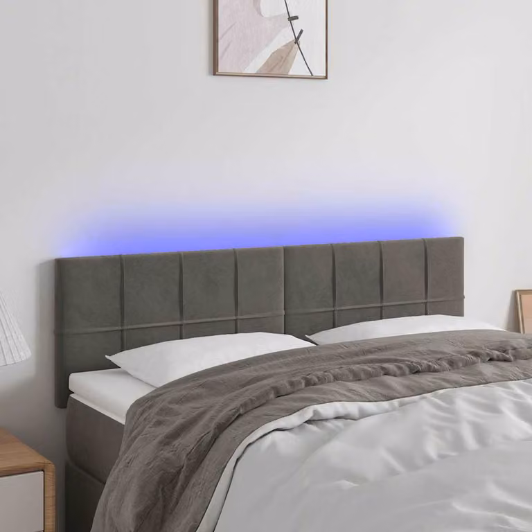 Testiera con LED e porta USB vidaXL in velluto grigio scuro, L: 144 cm, P: 5 cm, H: 78-88 cm