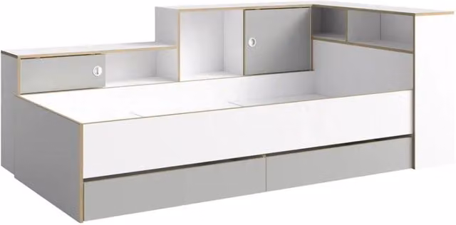 Letto per bambini ELYO – 90x200 cm – Con cassetti, nicchie e scaffali – Grigio, bianco & rovere chiaro