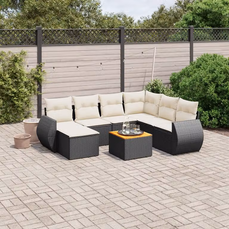 vidaXL Set Divani da Giardino a L in Polyrattan con Cuscini 8 pz Nero e Bianco
