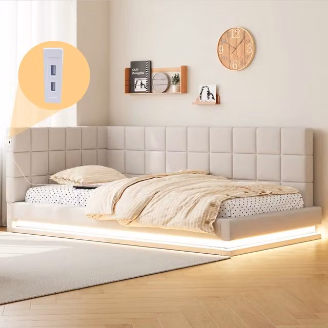 Divano letto imbottito WISHDOR beige con LED RGB, porta USB e rete a doghe, L/P/H: 206 x 90 x 63 cm