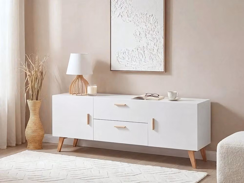 Madia Credenza Beliani Bianca con Gambe in Rovere Stile Scandinavo per Soggiorno L/P/H: 160 x 42 x 70 cm – 2