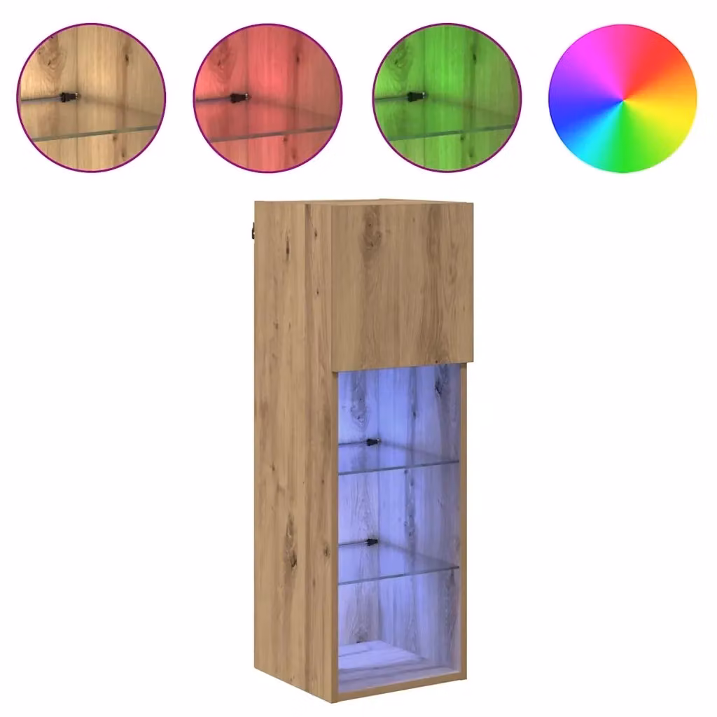 Set di 2 mobili porta TV moderni a parete con illuminazione in legno di rovere color marrone opaco L/P/H: 30,5 x 30 x 90 cm – 2