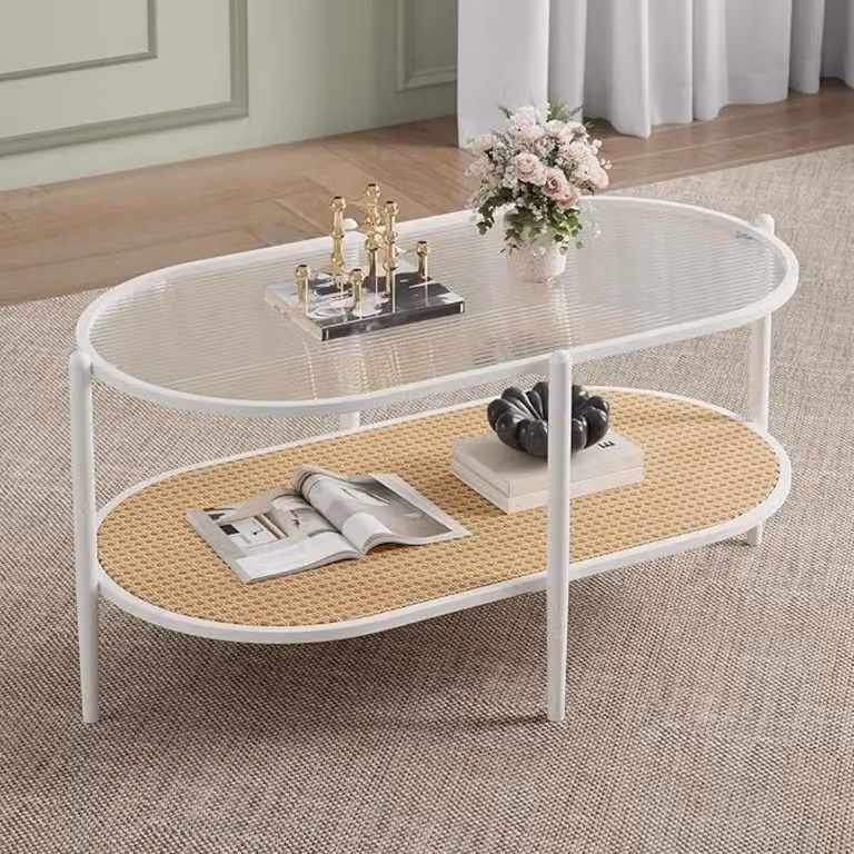 Tavolino in rattan - Ovale a due ripiani - Piano in vetro temperato - Struttura in metallo - Intrecciato in stile boho - Viola scuro