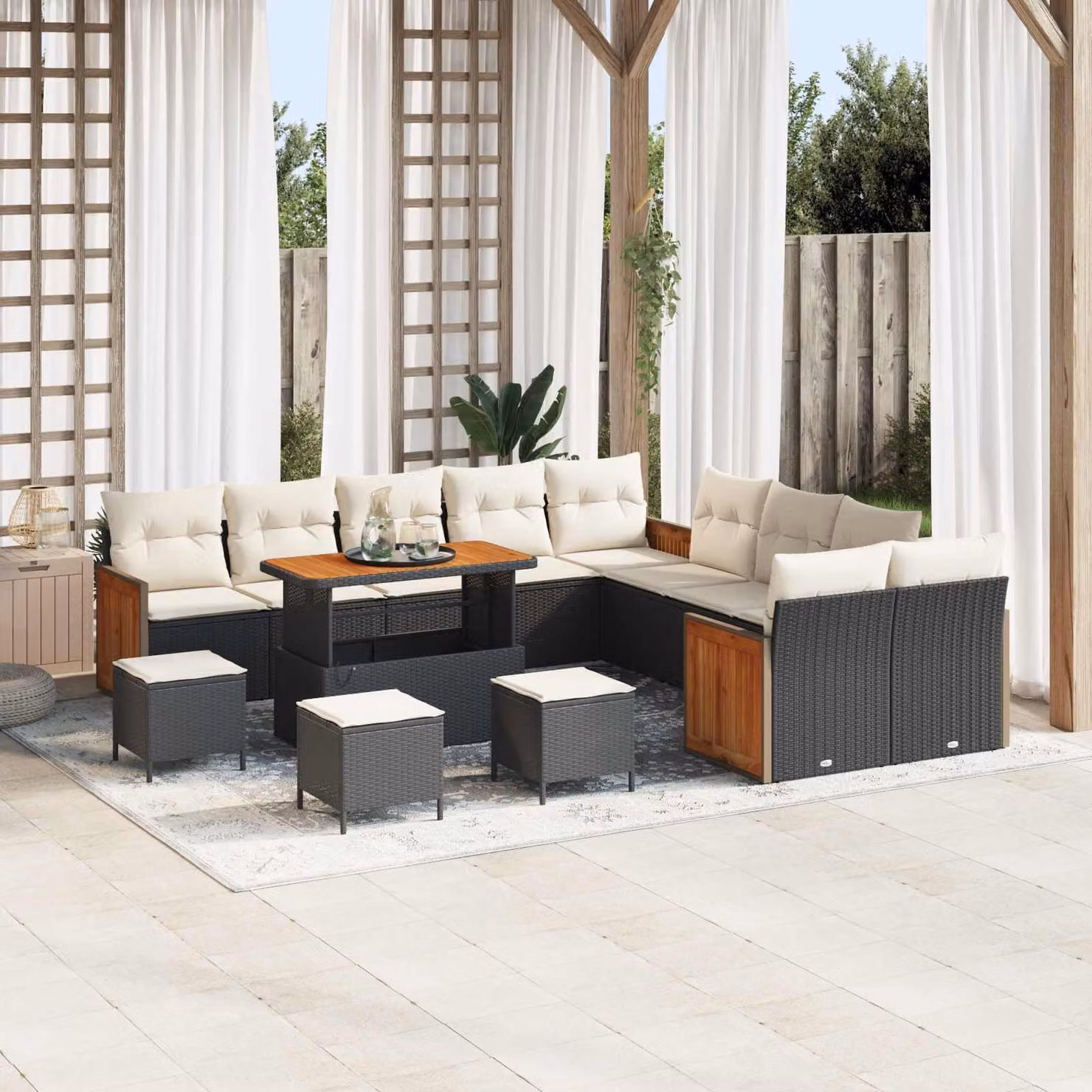 Set Divano da Giardino vidaXL 14 Pezzi a Forma di U con Cuscini Nero e Beige – 1