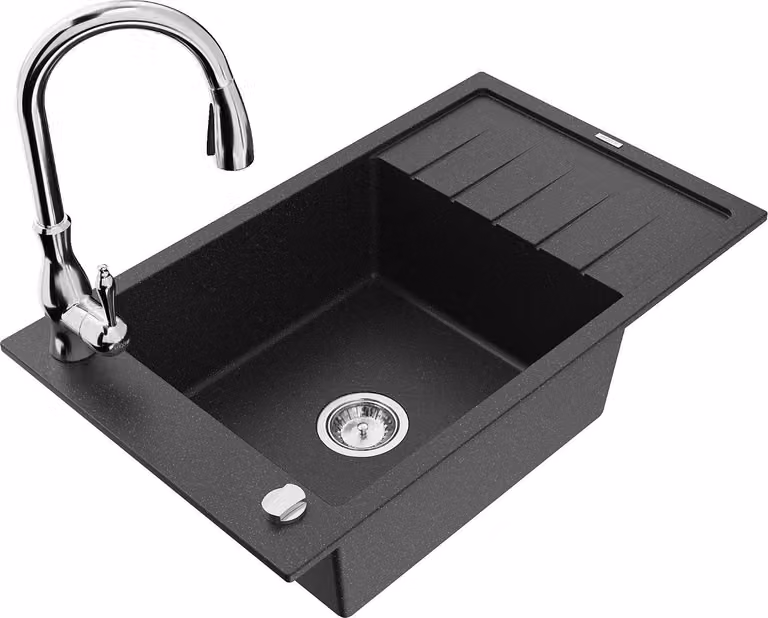 Mexen Elias lavello in granito a 1 vasca con scolapiatti e rubinetto da cucina Savita, nero/argento metallizzato