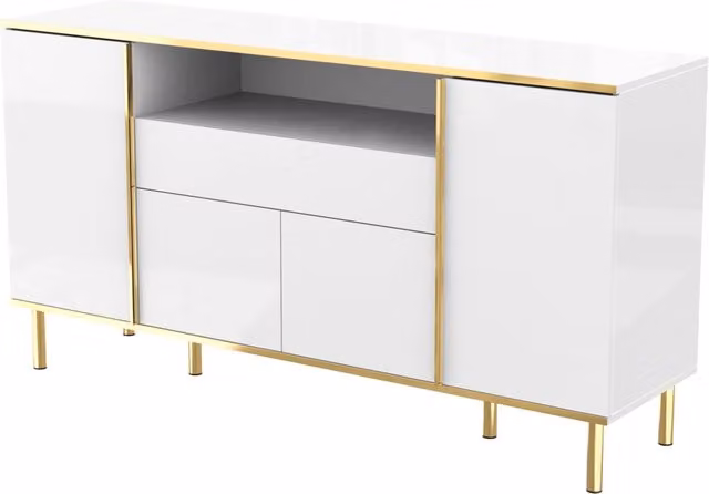 Credenza Moderna con 4 Ante, 1 Cassetto e Illuminazione LED in MDF con Finitura Lucida Bianca e Dettagli Dorati L: 150 cm, P: 40 cm, H: 80 cm