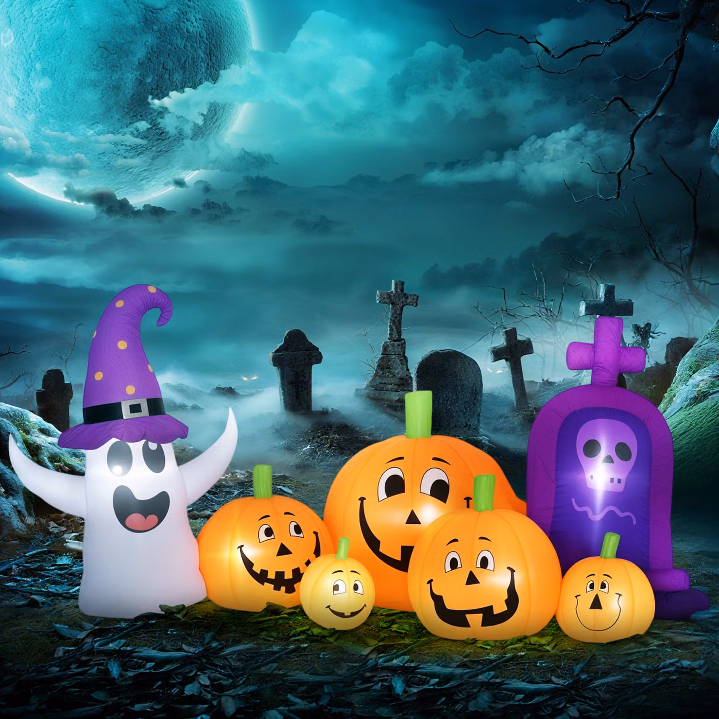 Outsunny Decorazione Gonfiabile di Halloween con Zucca, Fantasma e Lapide, Luci LED IP44 e Gonfiatore, Multicolore, L 240 x P 130 x H 130 cm – 2
