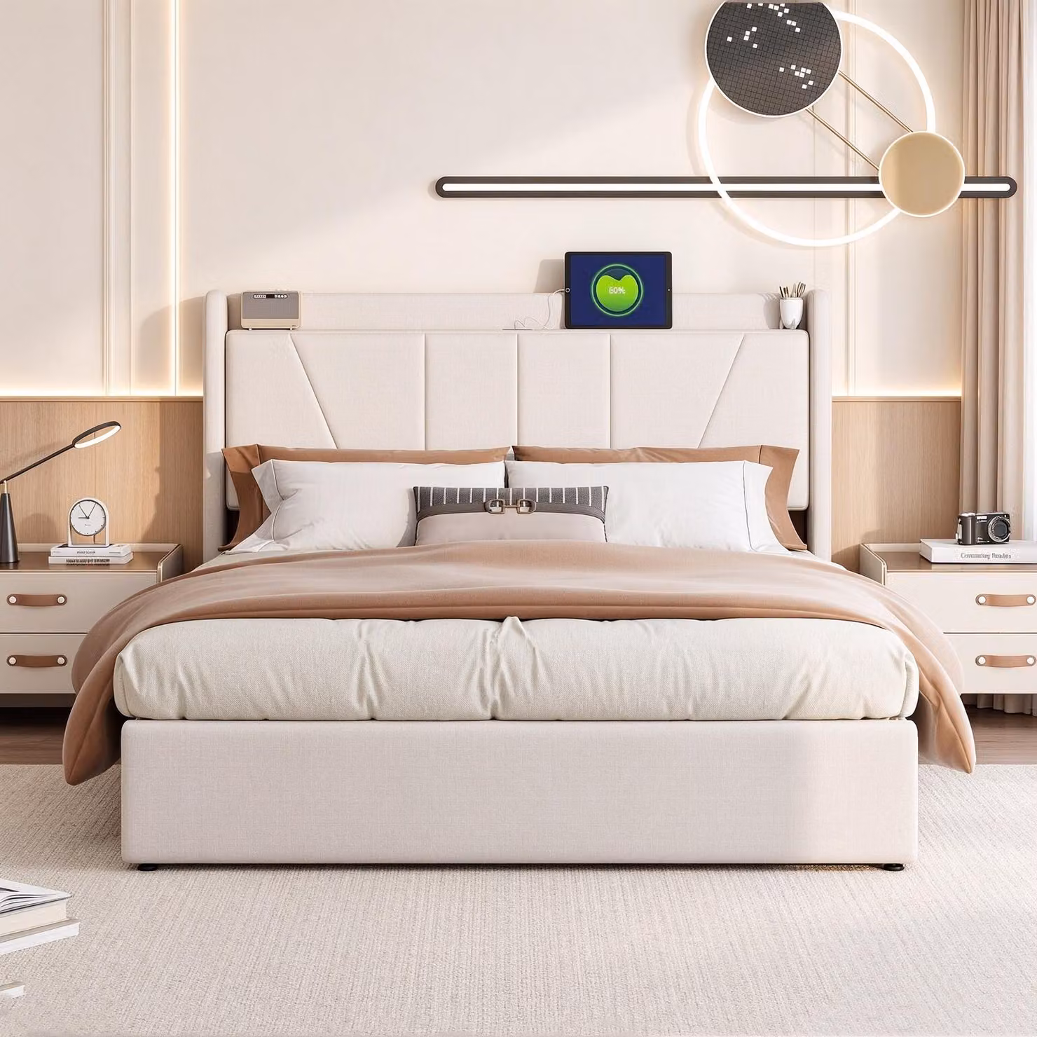 Letto imbottito INONEFT 140x200 cm con porta USB di tipo C, letto a molle con contenitore, letto a castello con contenitore e rete a doghe, colore: lino, beige