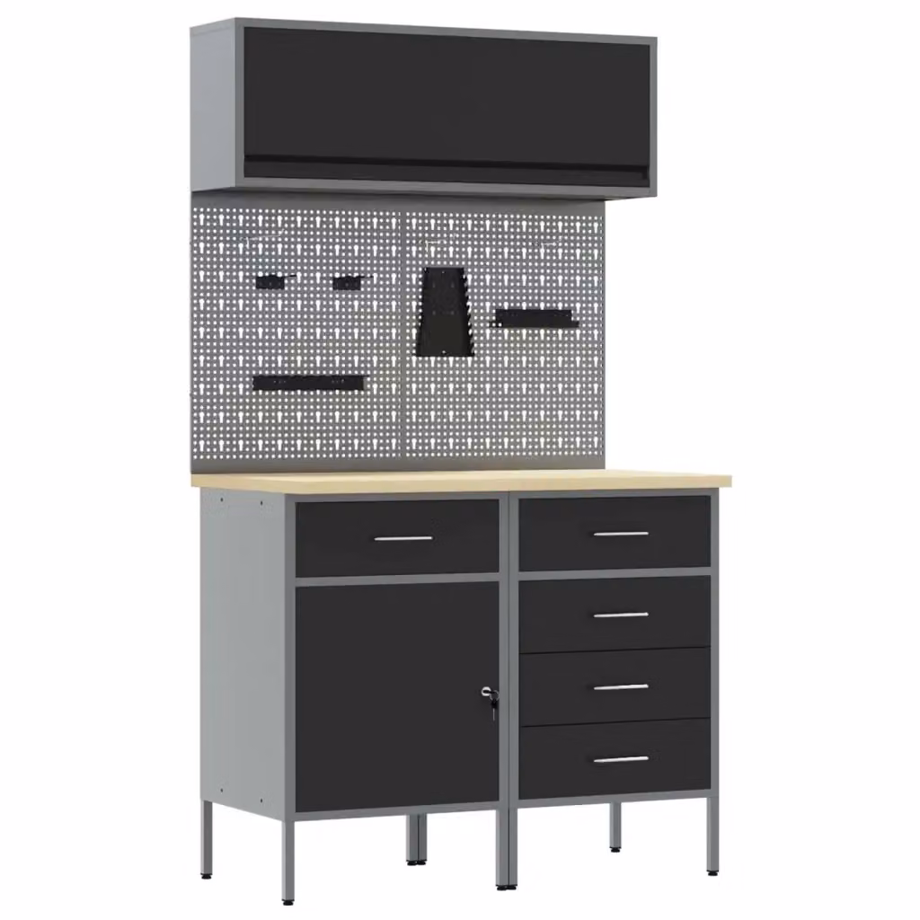 Set di mobili da lavoro con cassetto e scaffale vidaXL, 5 pezzi, Nero – 2