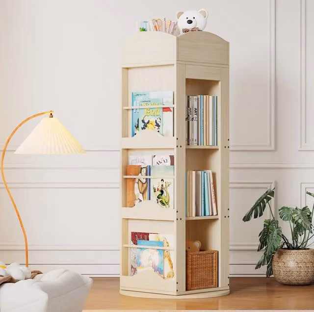 Libreria girevole ULEVR 142x63x63 cm a 360¡ã, 4 ripiani con fermalibri rimovibili, MDF naturale