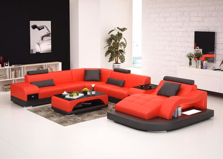 Ledersofa Couch Wohnlandschaft Ecksofa Eck Garnitur Design Modern Sofa +USB Rot