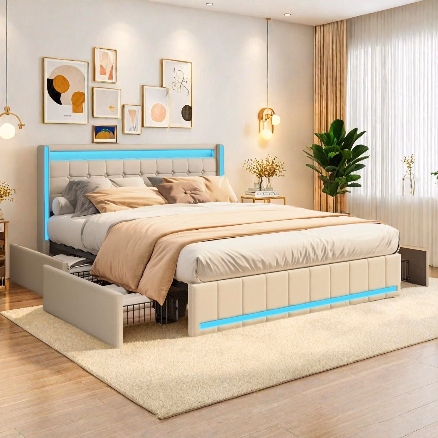 ProximaX Letto matrimoniale moderno 140x190 cm con illuminazione LED perimetrale, stazione di ricarica USB e 4 cassetti in metallo, tessuto di lino, beige