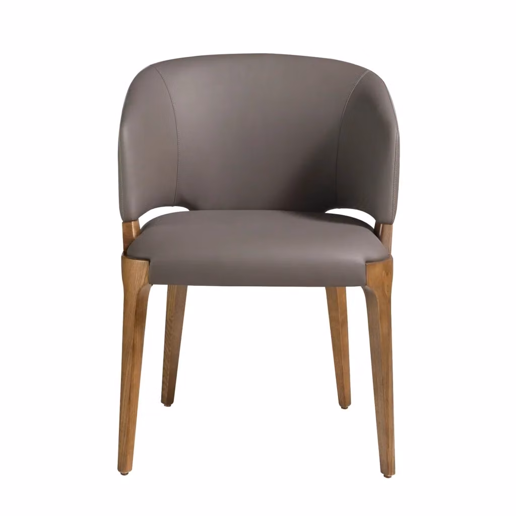 Sedia moderna Angel Cerdá in ecopelle marrone con braccioli e gambe in legno – 2