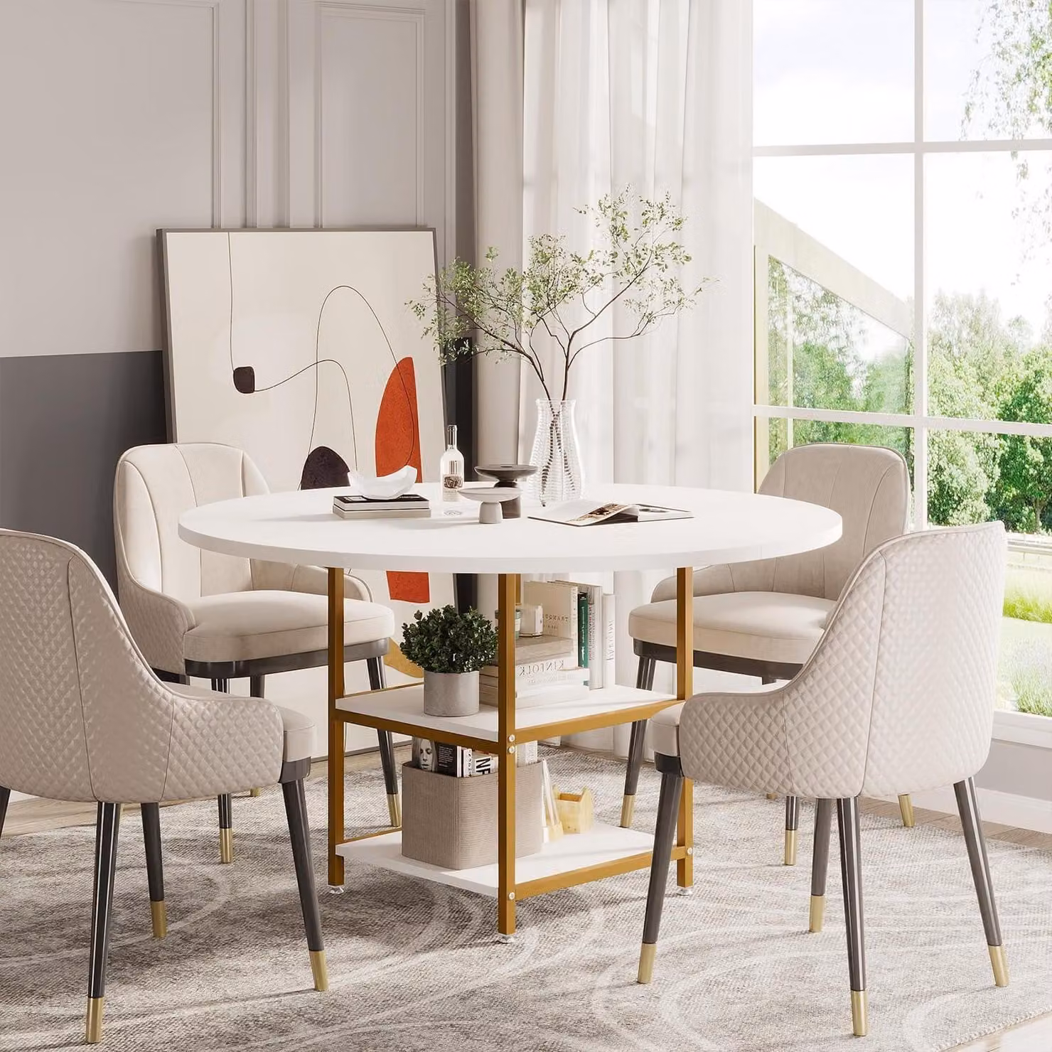 Tavolo rotondo da pranzo per 4 persone, colore bianco dorato, con 2 ripiani